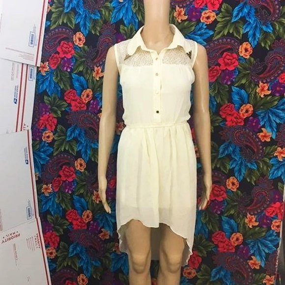 WOMEN'S LIGHT BEIGE CREME DRESS PRETTY BUTTON UP COLLAR MIDI DRESS LARGE - Picture 7 of 7